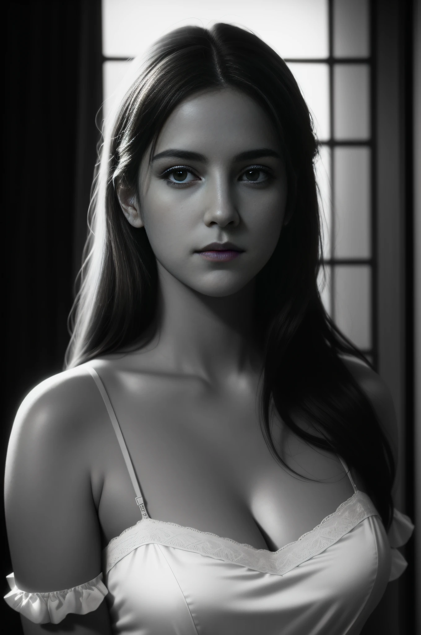 Pale color fading, And the girls of Twilight,It's like a character coming out of an old movie screen,The dim light cast soft shadows over her silhouette, Sketch the mysterious face,This dim lighting effect adds a retro touch to the picture,Color medium format film,Fixed focus portrait lens,Documentary portrait,Elegance, peacful, Attractive cleavage, classic, empowering, Contemplative, Classical beauty, Fading film, desaturated,(World News Pictures),(by mario testino),((Best quality)),((Masterpiece)),((Realistic))Delicate details, 8K wallpaper, (Photorealistic:1.4), Natural skin texture, Soft cinematic light, Adobe Lightroom, photolab, hdr, Intricate, Sharp focus, ((((Cinematic look)))), soothing tones, insanely details, Intricate details, ultra - detailed, Low contrast, Soft cinematic light, dim colors, exposure blend,