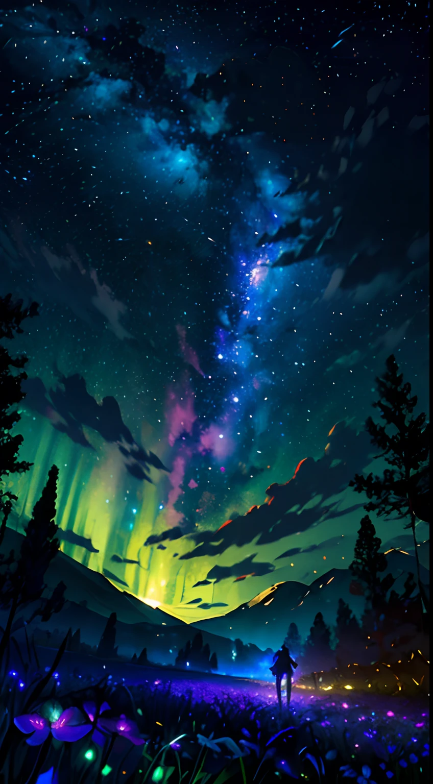 A wide landscape photo, (viewed from below, the sky is above, and the open field is below), (a girl standing on a flower field looking up), (full moon: 1.2), (meteor: 0.9), (nebula: 1.3), distant mountains , Trees,Crafting Art, (Warm Light: 1.2), (Firefly: 1.2), Lights, Lots of Purple and Orange, Intricate Details, Volumetric Lighting BREAK (Masterpiece: 1.2), (Best Quality), 4k, Ultra Detailed, (Dynamic Composition: 1.4), Rich in Detail and Color, (Rainbow Color: 1.2), (Glow, Atmospheric Lighting), Dreamy, Magical, (Solo: 1.2)