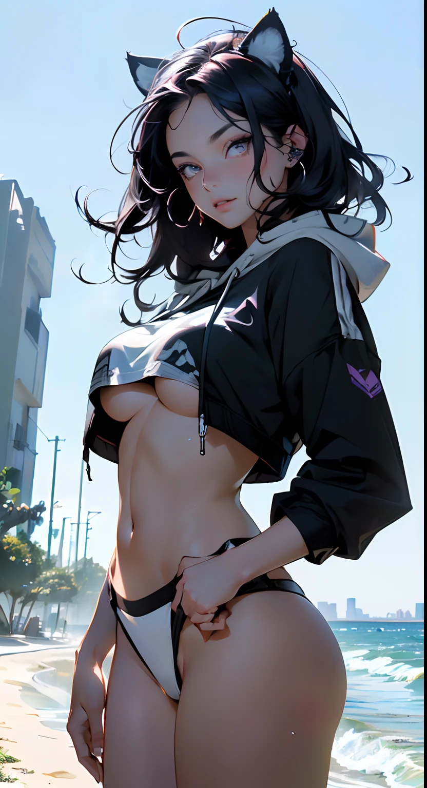 girl spacepunk,(((1girl))),((anime girl with extremely cute and beautiful black hair cat ears walking seductively down the street)),

(large breasts:1.4),saggy breasts,((((black hair,messy hair,colored inner hair,large hair,absurdly long unkempt hair:1.35,long hair,ear breathing)))),((((cat ears,cat ears on head,big cat ears)))),((pink eyes:1.3,upturned eyes:1.3,perfect eyes,beautiful detailed eyes,rainbow glows ultra-detailed deep pink purple eyes:1.1,gradient eyes:1,finely detailed beautiful eyes:1,symmetrical eyes:1,big highlight on eyes:1.2)),((fat)),(((lustrous skin:1.5,bright skin: 1.5,skin tanned,shiny skin,very shiny skin,shiny body,plastic glitter skin,exaggerated shiny skin))),(spider lower abdomen,narrow waist,wide hip,athletic body,inflated legs,delicate detailed fingers,detailed body,detailed arms,human hands,(detailed face)),

cute,slutty,seductive,erotic,(((nsfw))),

zettai ryouiki,revealing clothing,show skin,((((underboob)))),(cleavage),(semi-naked,with little clothing,((tiny thong)),bare legs,visible thong straps),((((crop top hoodie,cropped hoodie,hoodie,hoodie intricate)))),((detailed outfit,detailed clothes)),

(dynamic pose:1.0),solo focus,embarrassed,centered,scale to fit dimensions,Rule of thirds,

((((utopian city by the ocean,facing the sea,background ocean,utopian city in an alien environment full of water and vegetation)))),thick clouds,very cloudy sky,digital city,((theme background of neon)),( (detailed background: 1.25)),

(best quality,high resolution,sharp focus,ultra detailed,extremely detailed,extremely high quality artwork,(realistic,photorealistic:1.37),8k_wallpaper,(extremely detailed CG 8k),(very fine 8K CG),((hyper super ultra detailed perfect piece)),flawless,(((masterpiece))),illustration,vibrant colors,(intricate),High contrast,Selective lighting,Double exposure,HDR (High Dynamic Range),Post-processing,Background blur,