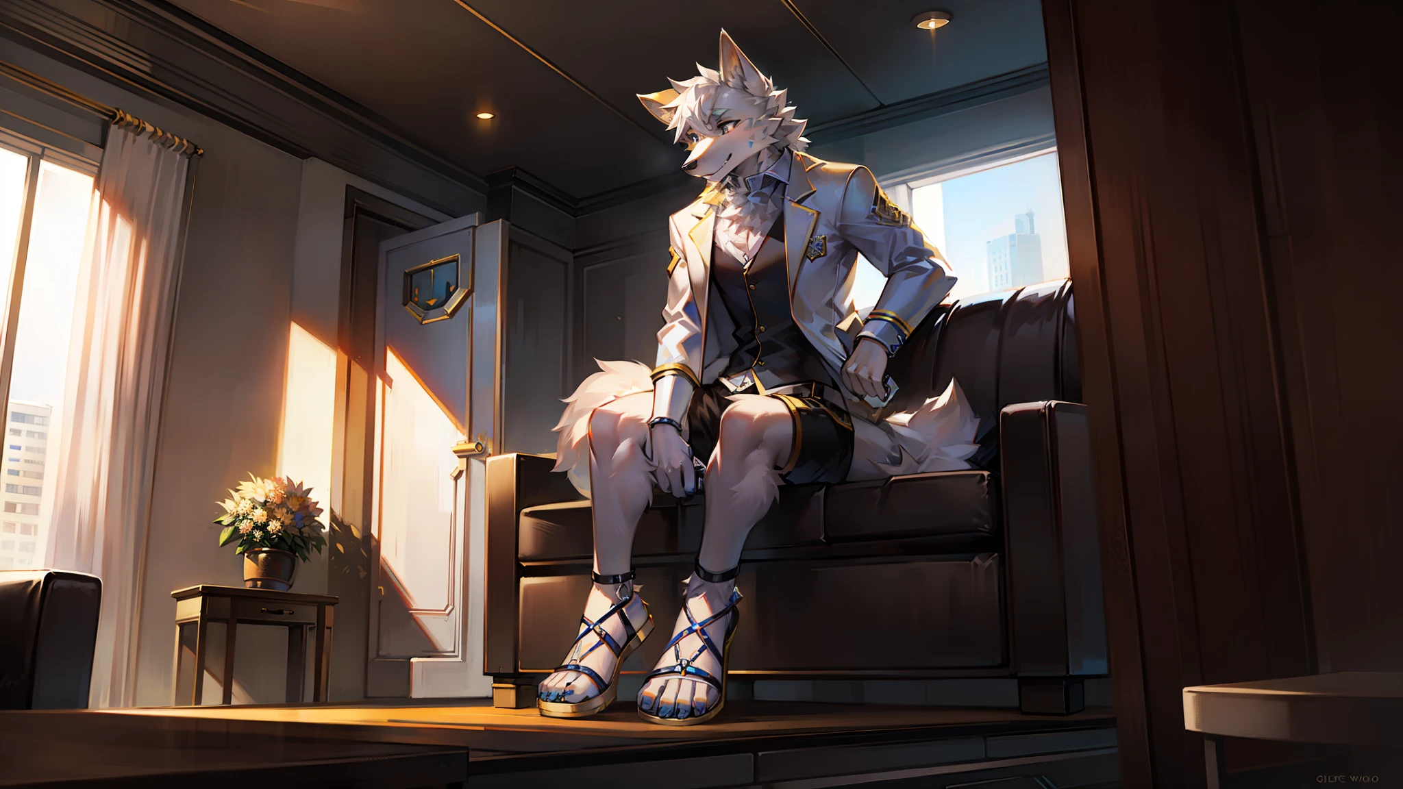Golden high-fidelity mechanical wolf，Wear a white vest，Black  shorts，sandals，Sitting in the apartment