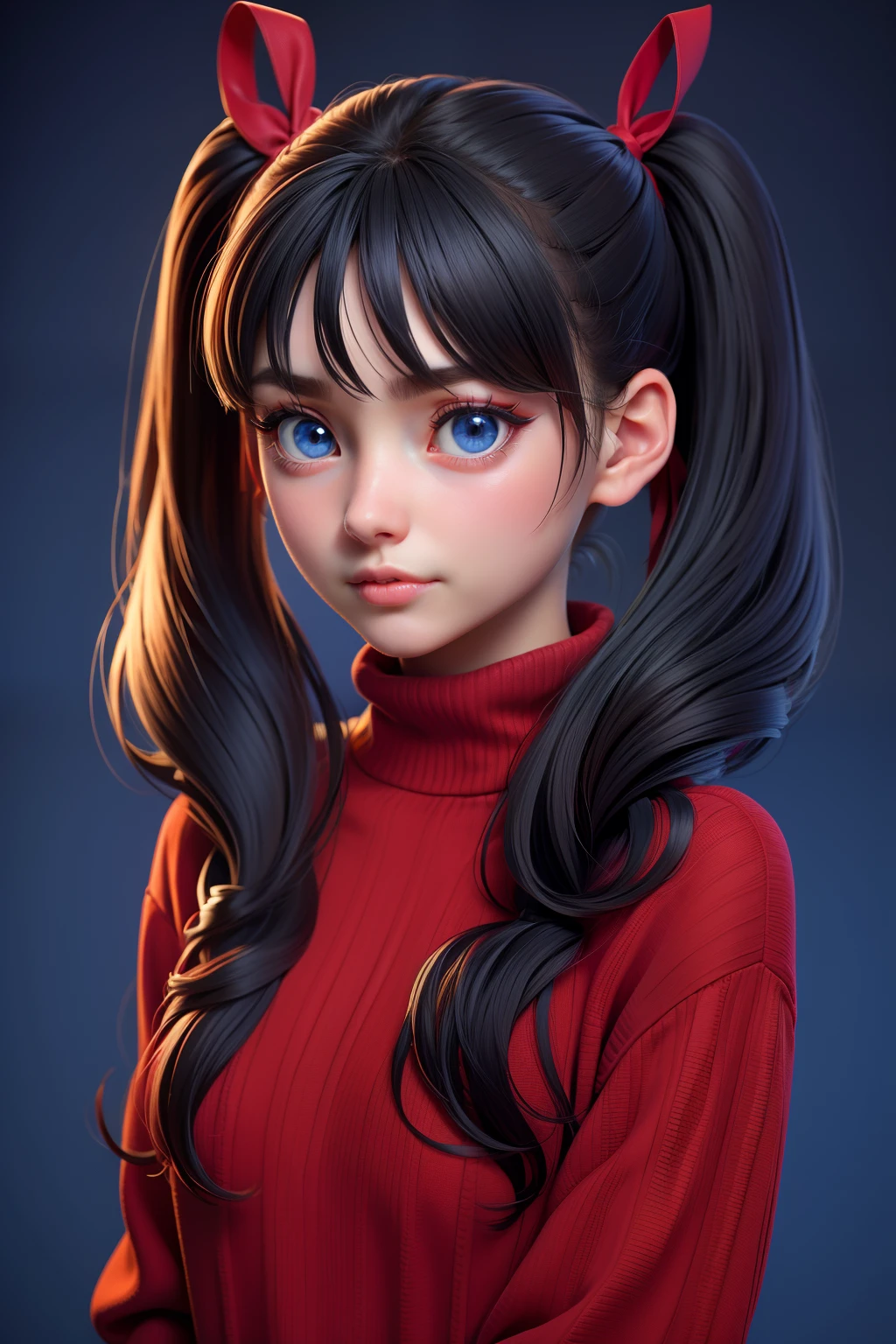 1girl, tohsaka rin, solo, long hair, sweater, red sweater, looking at viewer, blue background, black hair, simple background, two side up, turtleneck, blue eyes, lips, closed mouth, ribbon, hair ribbon, bangs, turtleneck sweater, upper body, parted bangs, black ribbon, ribbed sweater, twintails, nose,