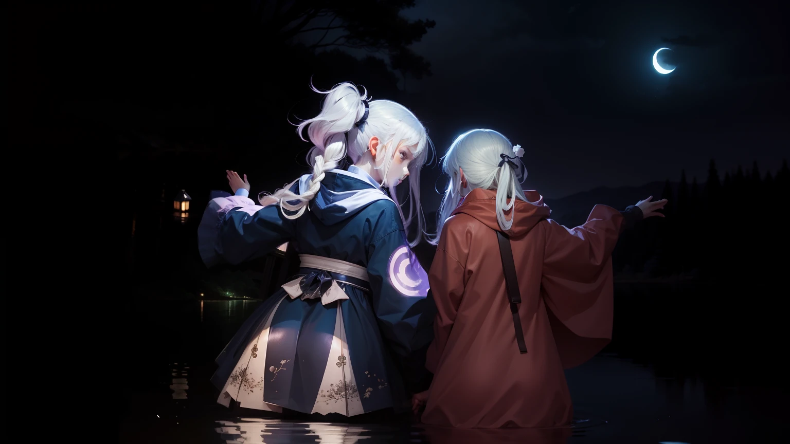 Anime, moonlight, lake, beautiful, Facing camera