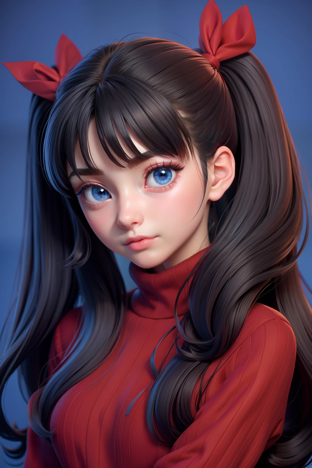 1girl, tohsaka rin, solo, long hair, sweater, red sweater, looking at viewer, blue background, black hair, simple background, two side up, turtleneck, blue eyes, lips, closed mouth, ribbon, hair ribbon, bangs, turtleneck sweater, upper body, parted bangs, black ribbon, ribbed sweater, twintails, nose,