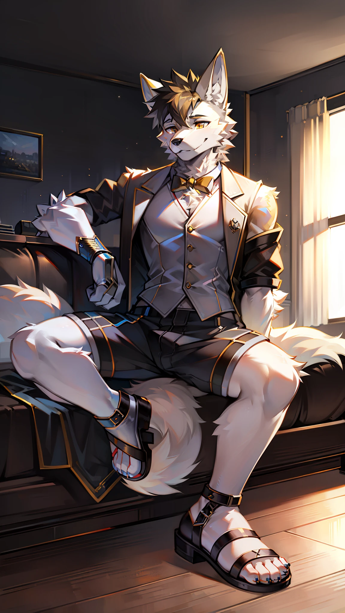 pose sexy, 1 men, 30 years old, cute, eyeliner, Olhos do quarto, smile biting the lips, ice cream man outfit , wolves ears, wolves, lounge background, 8k, hope but, (best qualityer, work of art), (wolves tail:1.5), skin detailed, standing alone, usando uma ice cream man outfit , Eyes red. dynamic angle, ultra detali, lying on the sofa, hair color: gris, five fingers on the hand and black claws.