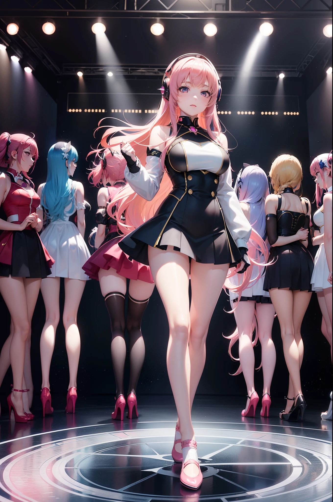 Sexy asian girlsband, sexy body pose, seductive, on stage dancing, sexy, wearing elegant minidress, traditional dress, collar, corsait, stockings, garter belt, high heels, very long boots, high boots, long gloves, ponytail, colorful lipstick, long hair, full body shot, restored faces, very detailed faces