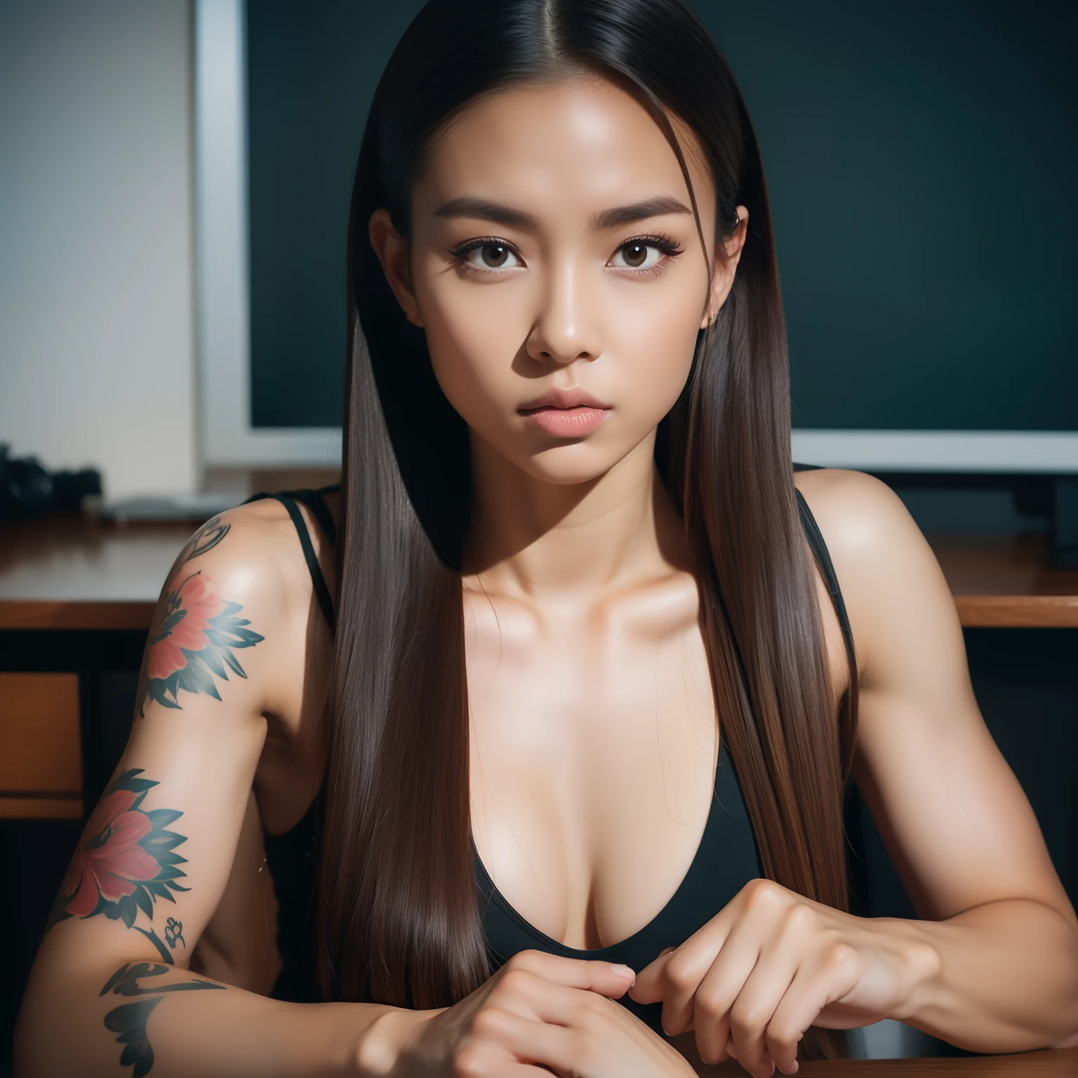 best quality, masterpiece, highres, 1girl, Beautiful face, photorealistic, 8k, UHD, long hair, ponytail, tattooed, muscular, muscular biceps, toned abs, sweat, Asian, female, dark skin, (high detailed skin:1.2), 8k uhd, dslr, high quality, candid, Photograph, high resolution, 4k, 8k, alone, one girl, classroom, sitting on a desk, school teacher,