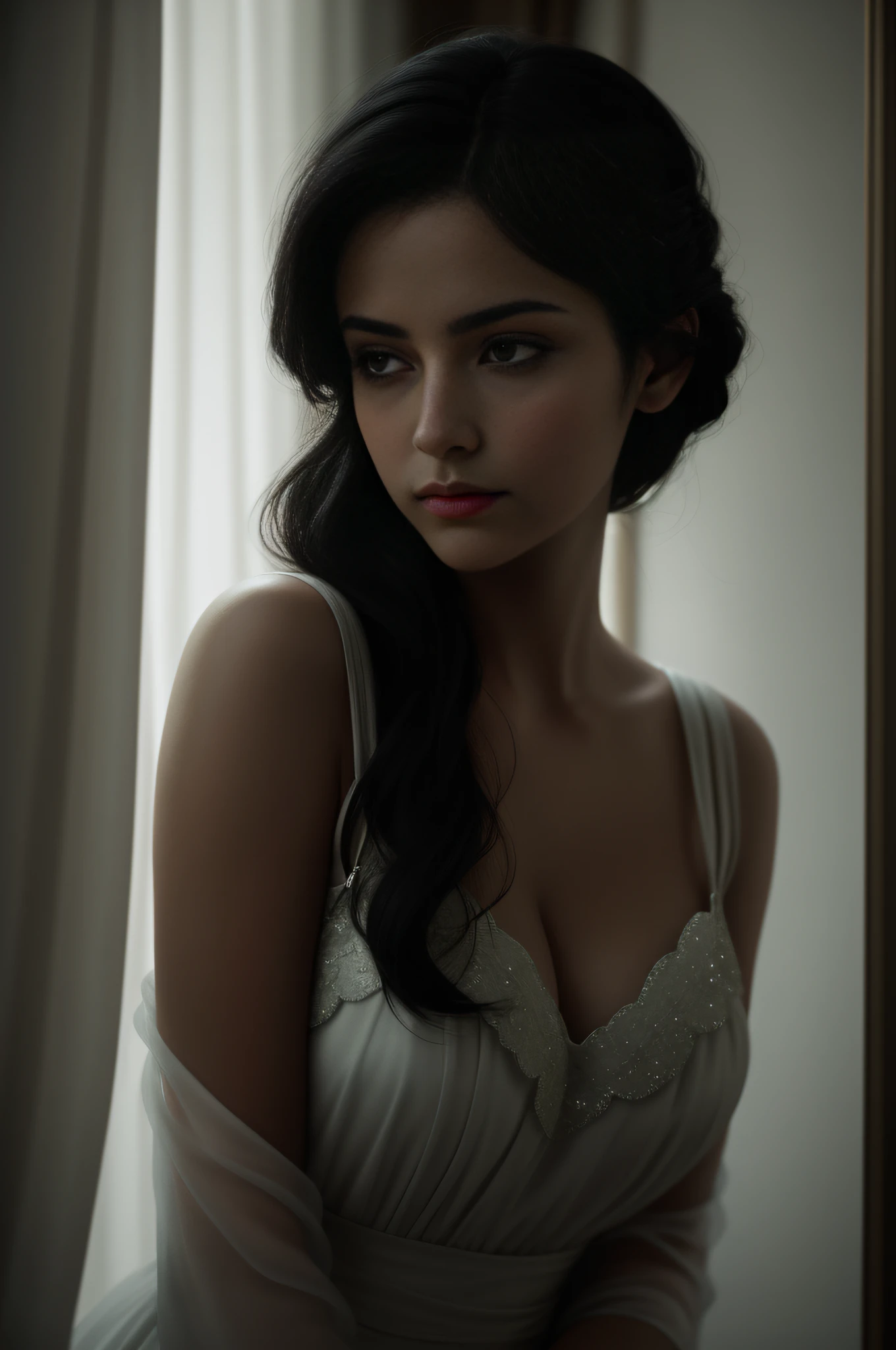 Light fade, And the girls of Twilight,It's like a character coming out of an old movie screen,The dim light cast soft shadows over her silhouette, Sketch mysterious faces,This dim lighting effect adds a retro touch to the picture,Color medium format film,Fixed focus portrait lens,Documentary portrait,Elegance, peacful, Attractive cleavage, classic, empowering, Contemplative, Classical beauty, Fading film, desaturated,(World News Pictures),(by mario testino),((Best quality)),((Masterpiece)),((Realistic))Delicate details, 8K wallpaper, (Photorealistic:1.4), Natural skin texture, Soft cinematic light, Adobe Lightroom, photolab, hdr, Intricate, Sharp focus, ((((Cinematic look)))), soothing tones, insanely details, Intricate details, ultra - detailed, Low contrast, Soft cinematic light, dim colors, exposure blend,