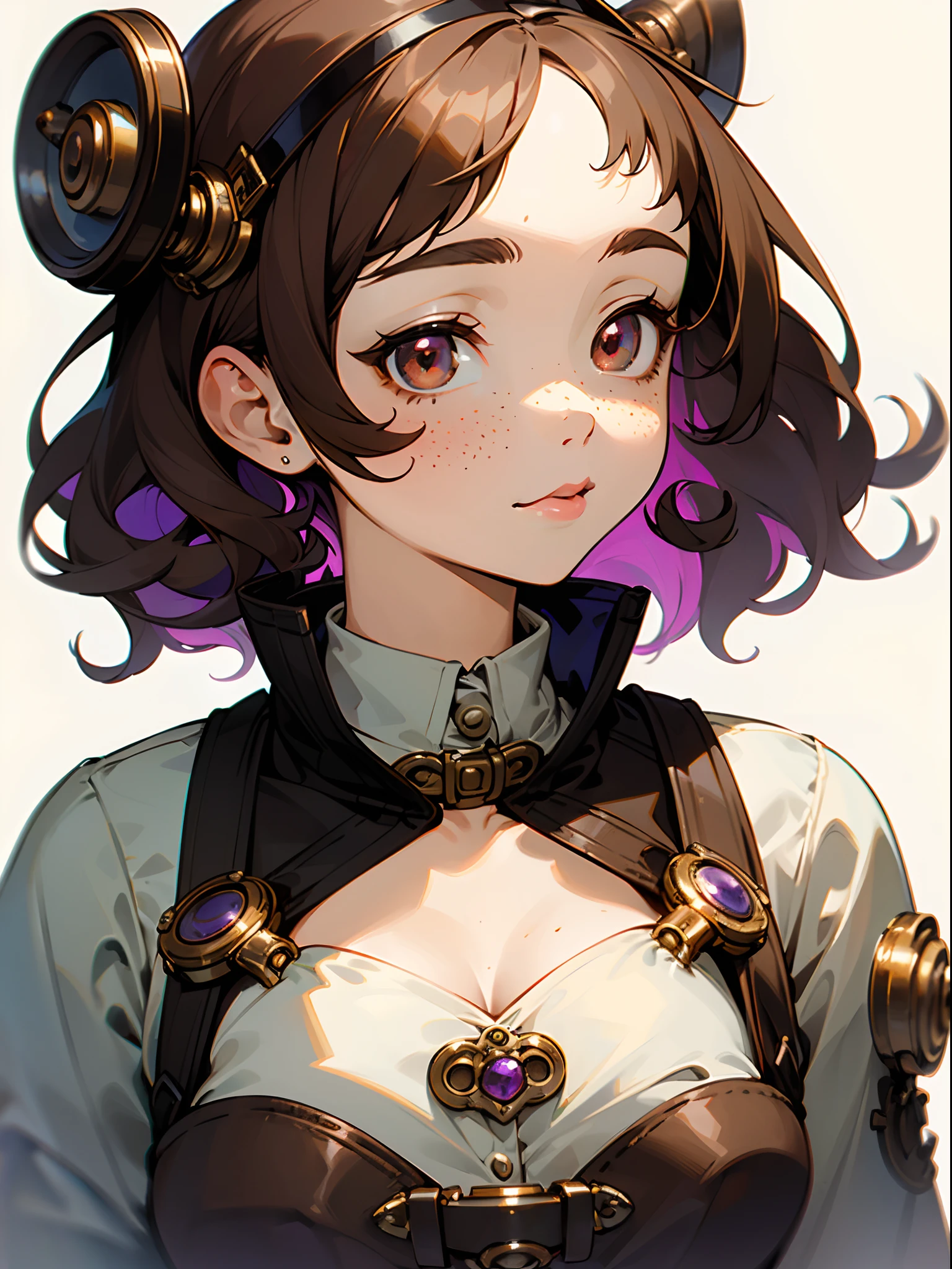 (masterpiece:1.4), (best quality:1.4), (high-resolution:1.2), (1 cute woman), short, flat chest, short curly brown hair, freckles on face, purple and brown multicolored eyes, steampunk goggles on head. Lolita scientist, (white and brown outfit:1.2), kawaii