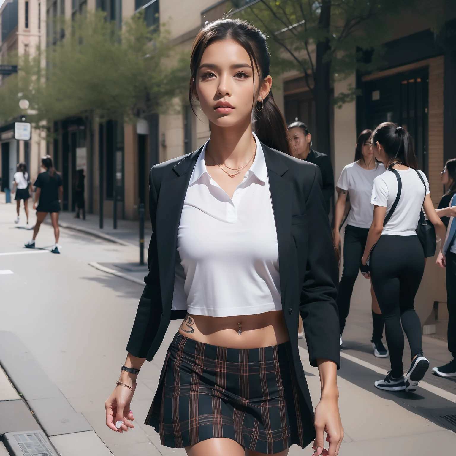 best quality, masterpiece, highres, 1girl, Beautiful face, photorealistic, 8k, UHD, long hair, ponytail, tattooed, muscular, muscular biceps, toned abs, sweat, Asian, female, dark skin, (high detailed skin:1.2), 8k uhd, dslr, high quality, candid, Photograph, high resolution, 4k, 8k, alone, one girl, walking down the street, school uniform,