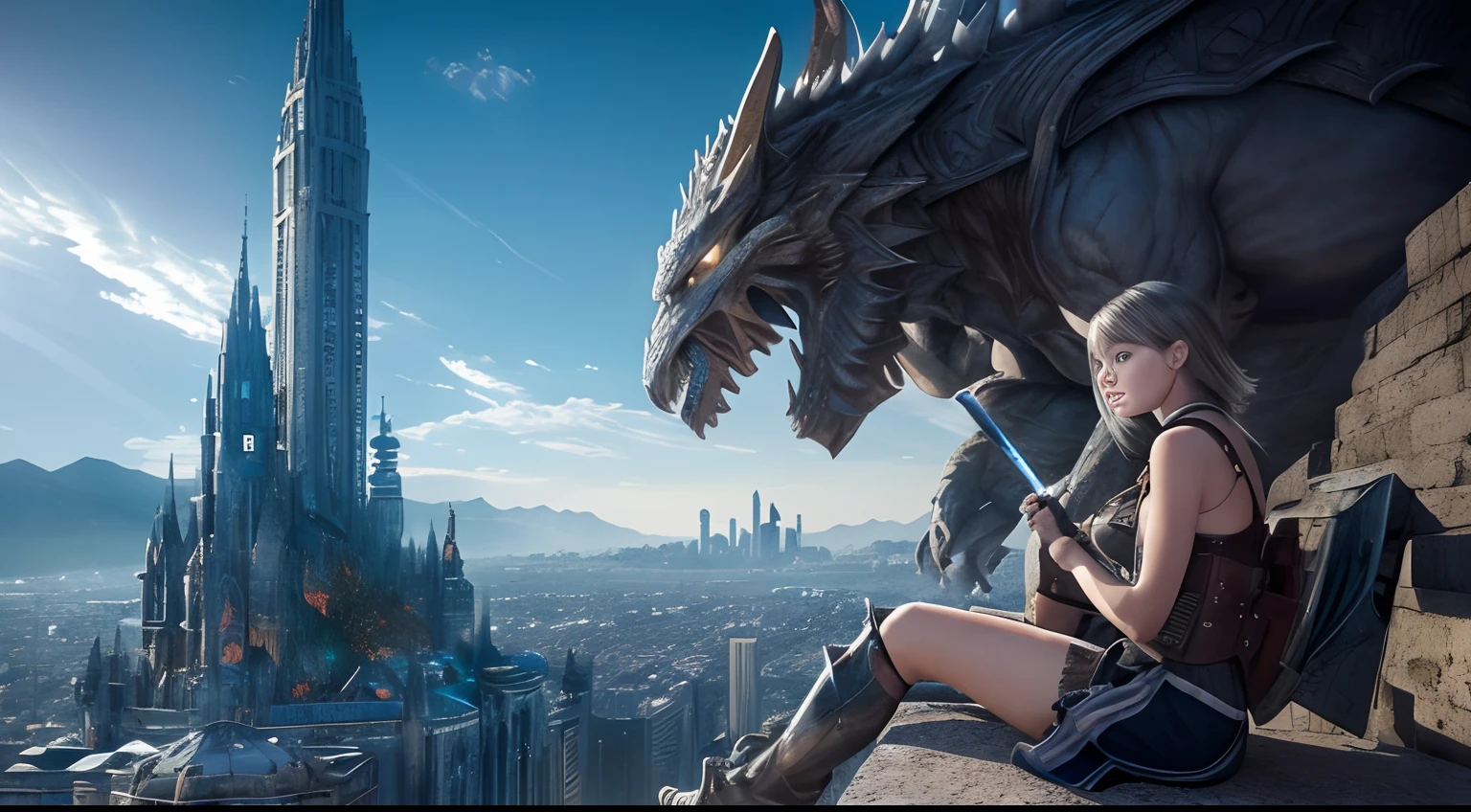 (Best Quality, Masterpiece: 1.1), (Realistic: 1.4), Beautiful girl is riding on the monster, god ray ,, silver short hair, blue eyes, over the city, fractal art,Girl holds a sword in her right hand、monster is runnig，The city on fire