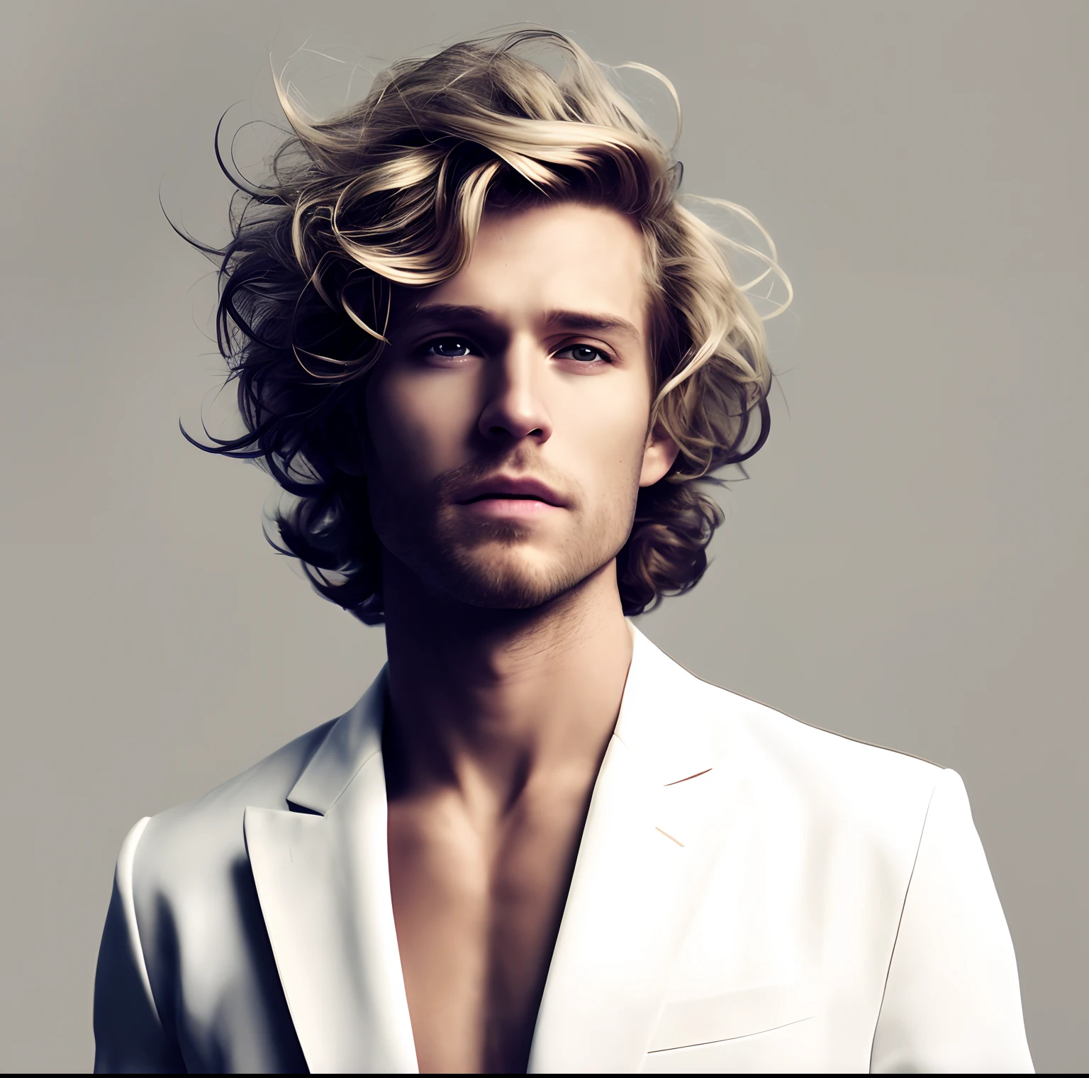Homem loiro com cabelo cacheado e terno branco posando para uma foto, long swept back blond hair, penteado ondulado, Legal _ penteado, homem loiro, cabelo desgrenhado fresco, cabelos loiros cacheados | d & d, large messy hair style, curly middle part haircut, portrait of magical blond prince, com longos cabelos cacheados, uma foto de um homem desgrenhado, homem atraente