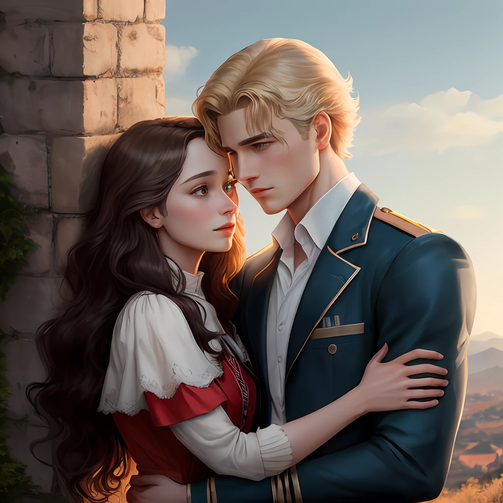 Desenho de um homem com cabelo loiro e uma mulher com cabelo escuro , Um gaucho com longos cabelos loiros, homem mais velho, detalhamento manual, detalhamento do dedo, detalhamento facial, on top of a hill hugging the woman, He holds her in his arms, Enquanto ela olha o horizonte, inspirado em Magali Villeneuve, Edmund Blair e Charlie Bauer, capa de romance, cover illustration, Farnrun, arte publicada, Commission for High Res, fanart detalhado, Melodrama romance