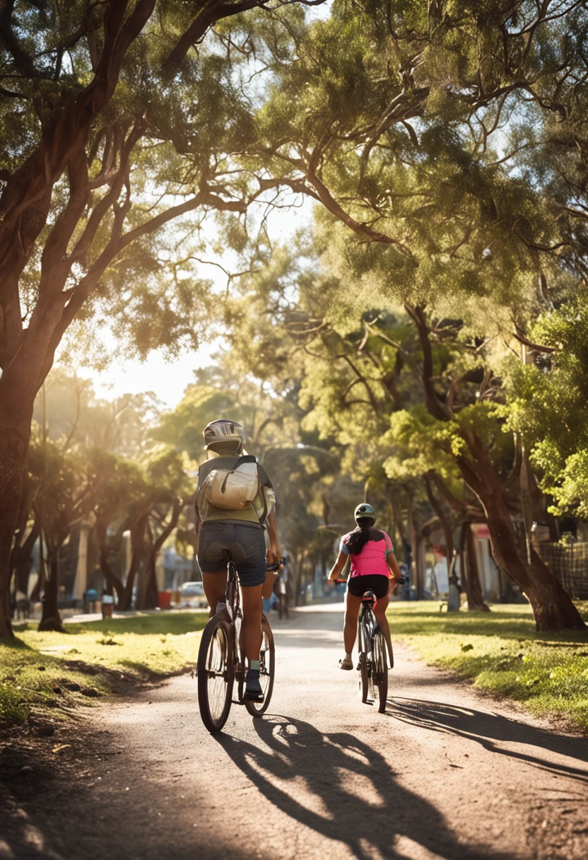 A bustling park on a sunny morning, For a beautiful woman in jean shorts riding her bike through tall trees and winding paths, o homem seguindo-a de perto, uma mistura de maravilha e maravilha em seus olhos, muitas pessoas ao redor, creating a sense of energy and dynamism, illustration detailed, vivid style, --AR 16:9 --V 5