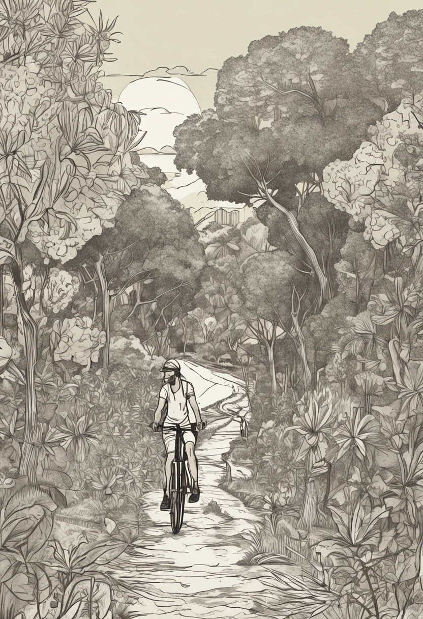 A bustling park on a sunny morning, For a beautiful woman in jean shorts riding her bike through tall trees and winding paths, o homem seguindo-a de perto, uma mistura de maravilha e maravilha em seus olhos, muitas pessoas ao redor, creating a sense of energy and dynamism, illustration detailed, vivid style, --AR 16:9 --V 5