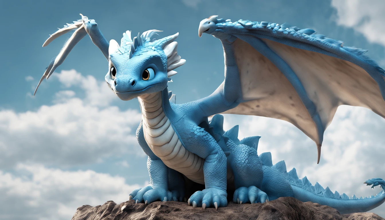 cute little blue dragon, sunny sky, amazing.