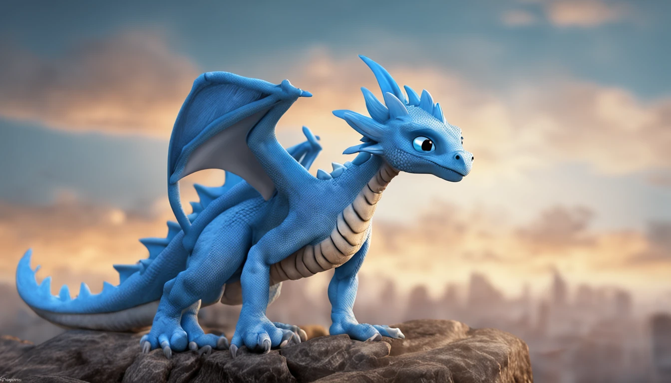 A blue dragon with big blue eyes, soaring through the sky, wings spread wide against a white backdrop