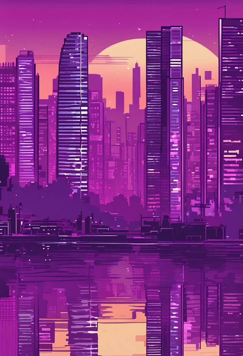 ((Pixel-Art))Purple city skyline with skyscrapers in the background, Paisagem urbana escura, Skyline da cidade, bar charts, horizonte urbano, esquema roxo escuro, Cidade do Futuro Roxo, bg escuro, Cityscape, skyline mostrando, 5 feet away, elevando-se sobre uma cidade, Paisagem da cidade, esquema de cores roxo mais escuro, cidade em backround, cidade em segundo plano, Buildings, highrise, Plants in buildings, mais detalhado.