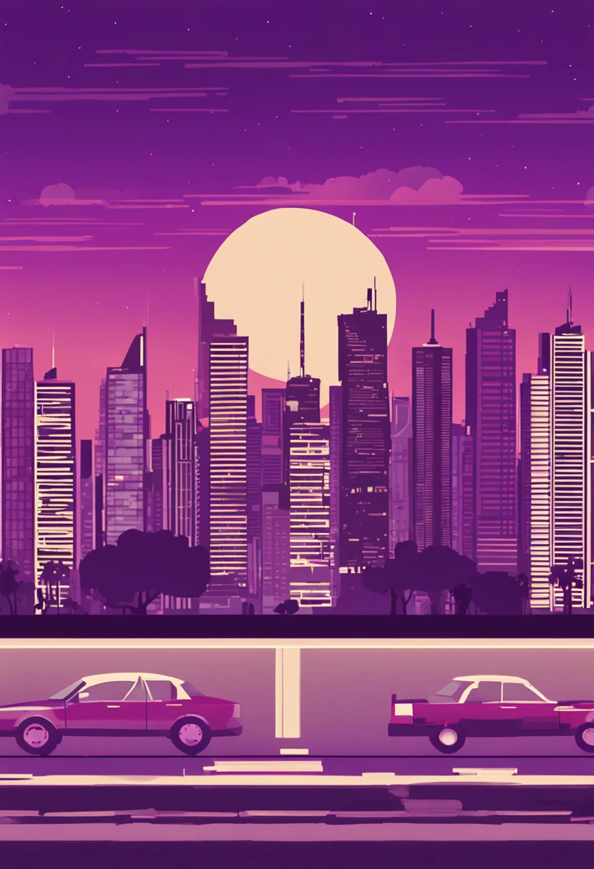 ((Pixel-Art))Purple city skyline with skyscrapers in the background, Paisagem urbana escura, Skyline da cidade, bar charts, horizonte urbano, esquema roxo escuro, Cidade do Futuro Roxo, bg escuro, Cityscape, skyline mostrando, 5 feet away, elevando-se sobre uma cidade, Paisagem da cidade, esquema de cores roxo mais escuro, cidade em backround, cidade em segundo plano, Buildings, highrise, Plants in buildings, mais detalhado.
