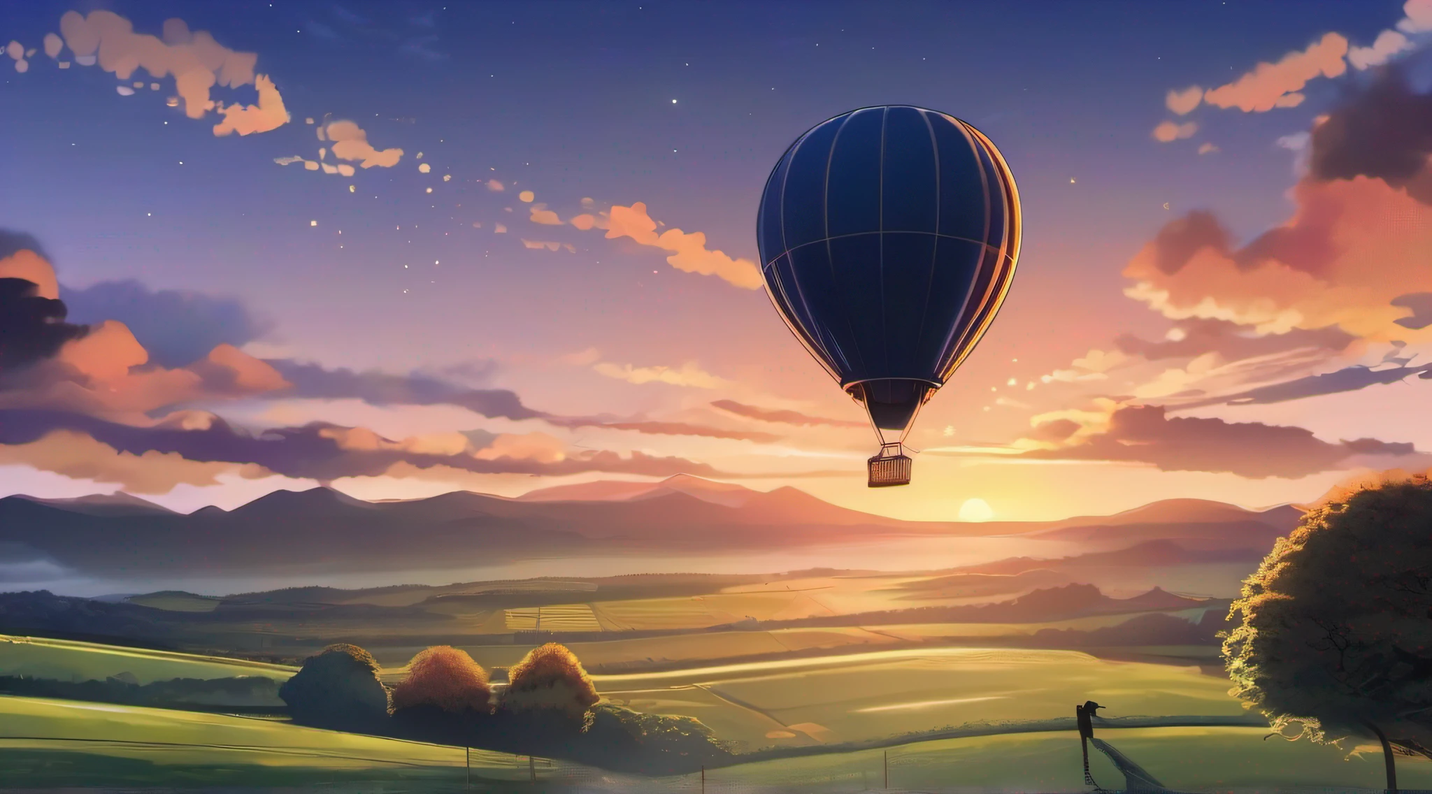 Balloon Festival, muitos turistas, Sunset gives way to night, A starry sky begins to emerge, imagem imersiva, estilo anime, estilo da capa do livro