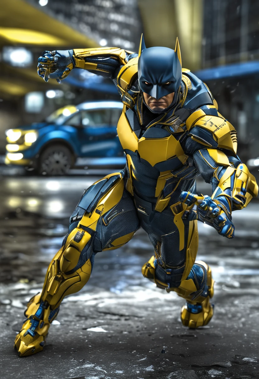 Um batman verde, amarelo e azul, brasileiro, realistic in a titanium cybernetic suit, detalhado, designe perfeito, alta qualidade arestas perfeitas e simetricas  ::n_desenho de estilo, Low-quality imperfection, boneco, jogo, anime