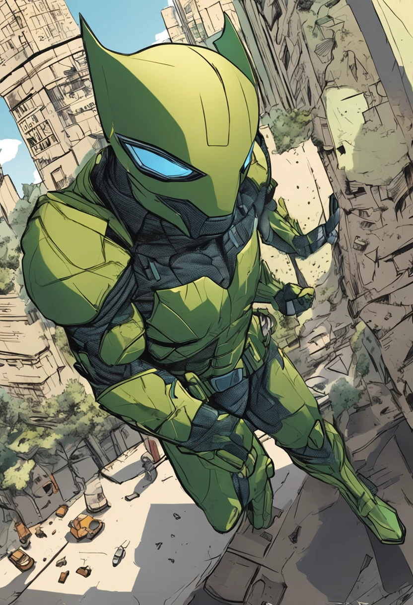 Um batman verde, amarelo e azul, brasileiro, realistic in a titanium cybernetic suit, detalhado, designe perfeito, alta qualidade arestas perfeitas e simetricas  ::n_desenho de estilo, Low-quality imperfection, boneco, jogo, anime
