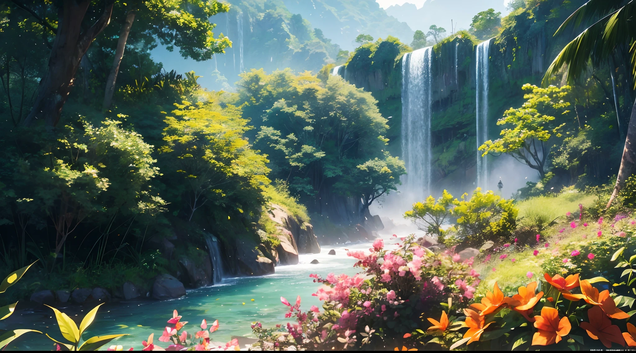 res,ultra - detailed,(Non-human:1.3),BREAK,Create an image using the dark rainbow prism effect,Light refracts and creates an ethereal cinematic look。BREAK,Design images with cinema lenses,Capture a wide field of view with a unique curved perspective。BREAK,Capture the wide river,Dense rainforest,Aged dense trees,Rochas,waterfallr,Colorful flowers of trees,Mottled sunlight,And the feeling of tranquility and natural beauty。BREAK,Depicting a world of tropical rainforests,Orange and purple,China's mountain landscape,Only natural divine ray shadows are used to convey depth、Emotional and eye-catching visual impact
