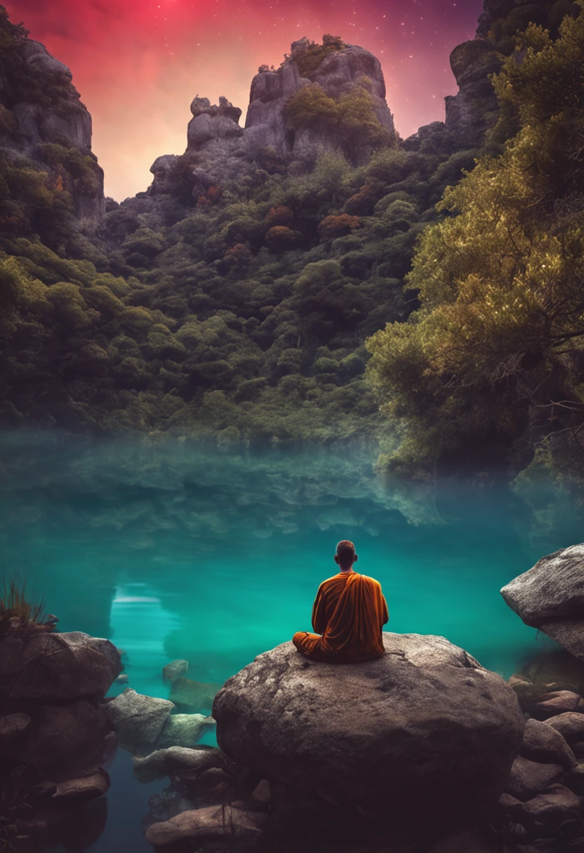 um homem meditando em uma cadeira antiga, olhos fechados e um leve sorriso, fundo celestial
