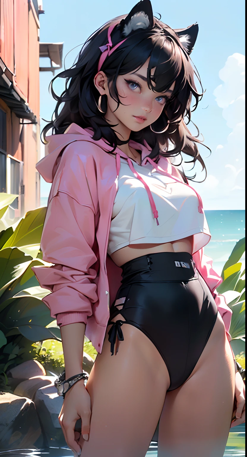 girl spacepunk,(((1girl))),((anime girl with extremely cute and beautiful black hair cat ears walking seductively down the street)),

(large breasts:1.4),saggy breasts,((((black hair,messy hair,colored inner hair,large hair,absurdly long unkempt hair:1.35,long hair,ear breathing)))),((((cat ears,cat ears on head,big cat ears)))),((pink eyes:1.3,upturned eyes:1.3,perfect eyes,beautiful detailed eyes,rainbow glows ultra-detailed deep pink purple eyes:1.1,gradient eyes:1,finely detailed beautiful eyes:1,symmetrical eyes:1,big highlight on eyes:1.2)),((fat)),(((lustrous skin:1.5,bright skin: 1.5,skin tanned,shiny skin,very shiny skin,shiny body,plastic glitter skin,exaggerated shiny skin))),(spider lower abdomen,narrow waist,wide hip,athletic body,inflated legs,delicate detailed fingers,detailed body,detailed arms,human hands,(detailed face)),

cute,slutty,seductive,erotic,(((nsfw))),

zettai ryouiki,revealing clothing,show skin,((((underboob)))),(cleavage),(semi-naked,with little clothing,((tiny thong)),bare legs,visible thong straps),((((crop top hoodie,cropped hoodie,hoodie,hoodie intricate)))),((detailed outfit,detailed clothes)),

(dynamic pose:1.0),solo focus,embarrassed,centered,scale to fit dimensions,Rule of thirds,

((((utopian bio-city by the ocean,facing the sea,ocean in the background,utopian bio-city in an alien environment full of water and vegetation)))),thick clouds,very cloudy sky,utopian bio-city, ((neon theme background)),( (detailed background: 1.25)),

(best quality,high resolution,sharp focus,ultra detailed,extremely detailed,extremely high quality artwork,(realistic,photorealistic:1.37),8k_wallpaper,(extremely detailed CG 8k),(very fine 8K CG),((hyper super ultra detailed perfect piece)),flawless,(((masterpiece))),illustration,vibrant colors,(intricate),High contrast,Selective lighting,Double exposure,HDR (High Dynamic Range),Post-processing,Background blur,