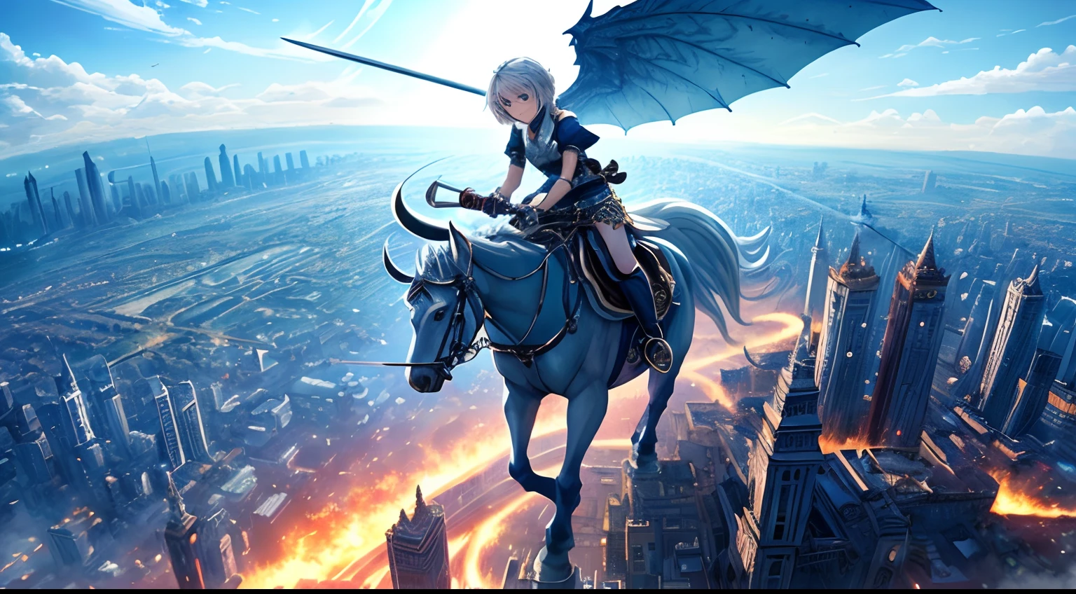 (Best Quality, Masterpiece: 1.1), (Realistic: 1.4), Beautiful girl is riding on the monster, god ray , teen, silver short hair, blue eyes, over the city, fractal art, Girl holds a sword in her right hand, monster is running, The city on fire