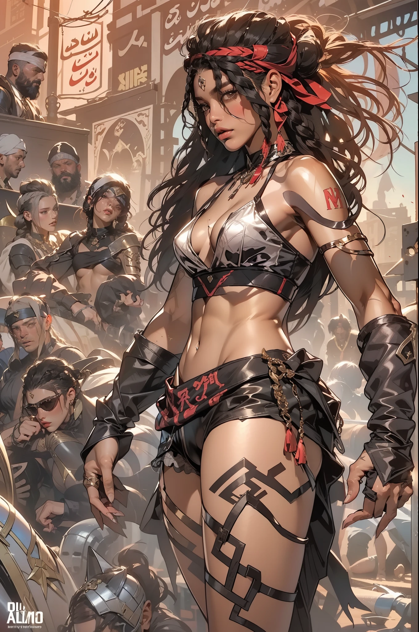 (((mulher))), (((melhor qualidade))), (((obra prima))), (((adulto))), Uma mulher gladiadora loira, of 30 years with athletic body, arabic , capuz, (((sozinho))), (((1girl))) , Gladiadores do Brooklyn, quase nua no estilo selvagem urbano de Simon Bisley para a capa da revista Heavy Metal, cabelos moicanos, pose sensual, tiny leather panties, , Minimum clothing, wavy pattern with black and red Chinese characters, armadura, cheio de pontas e estrelas, (((do joelho pra cima))), mohawk hair with small braids