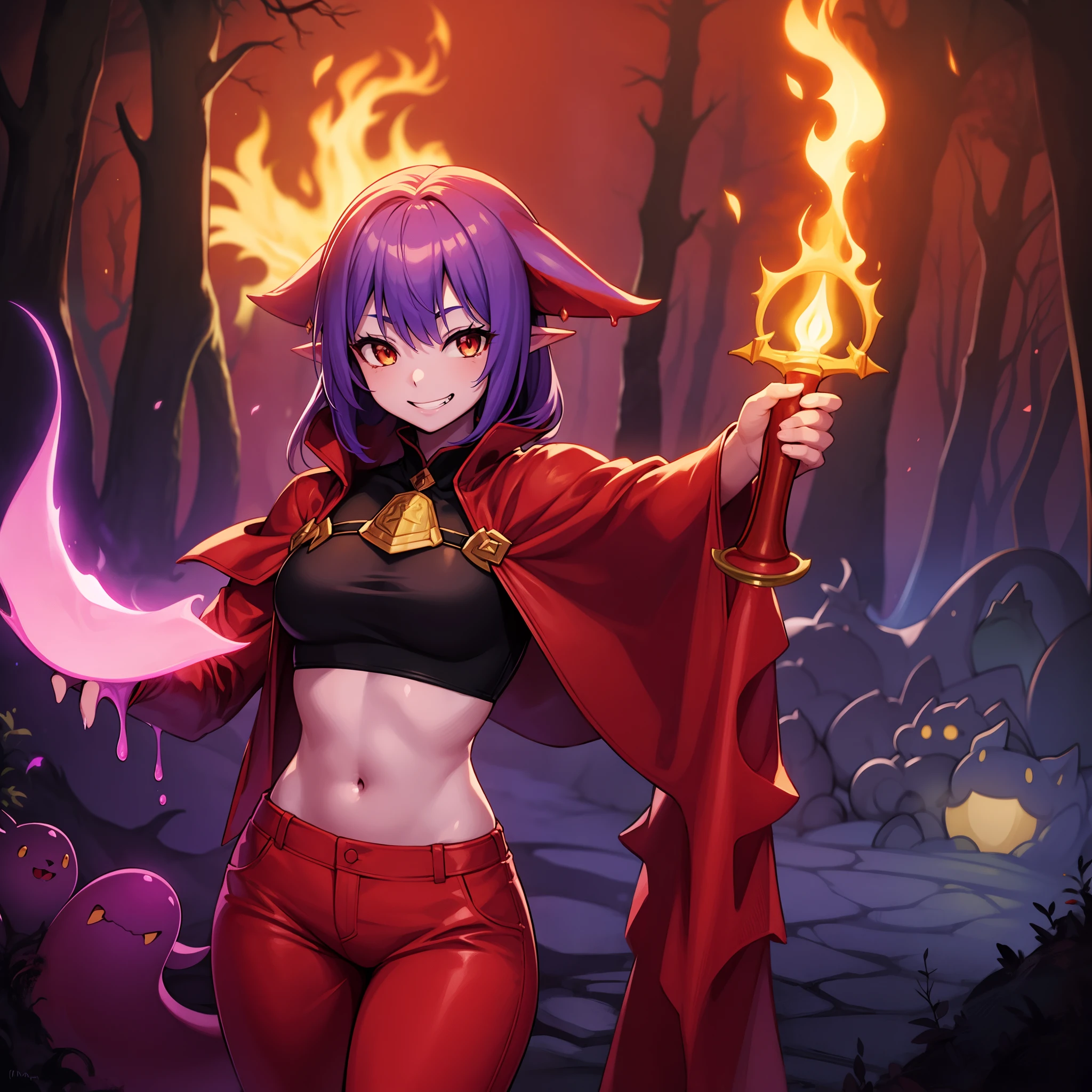 "Character: Slime Girl, Description: Purple Viscous skin, Features: black cat ears, Attire: red mage top, midriff, red mage pants, Holding: torch, Expression: gleeful smirk, Location: haunted forest, Alone"
