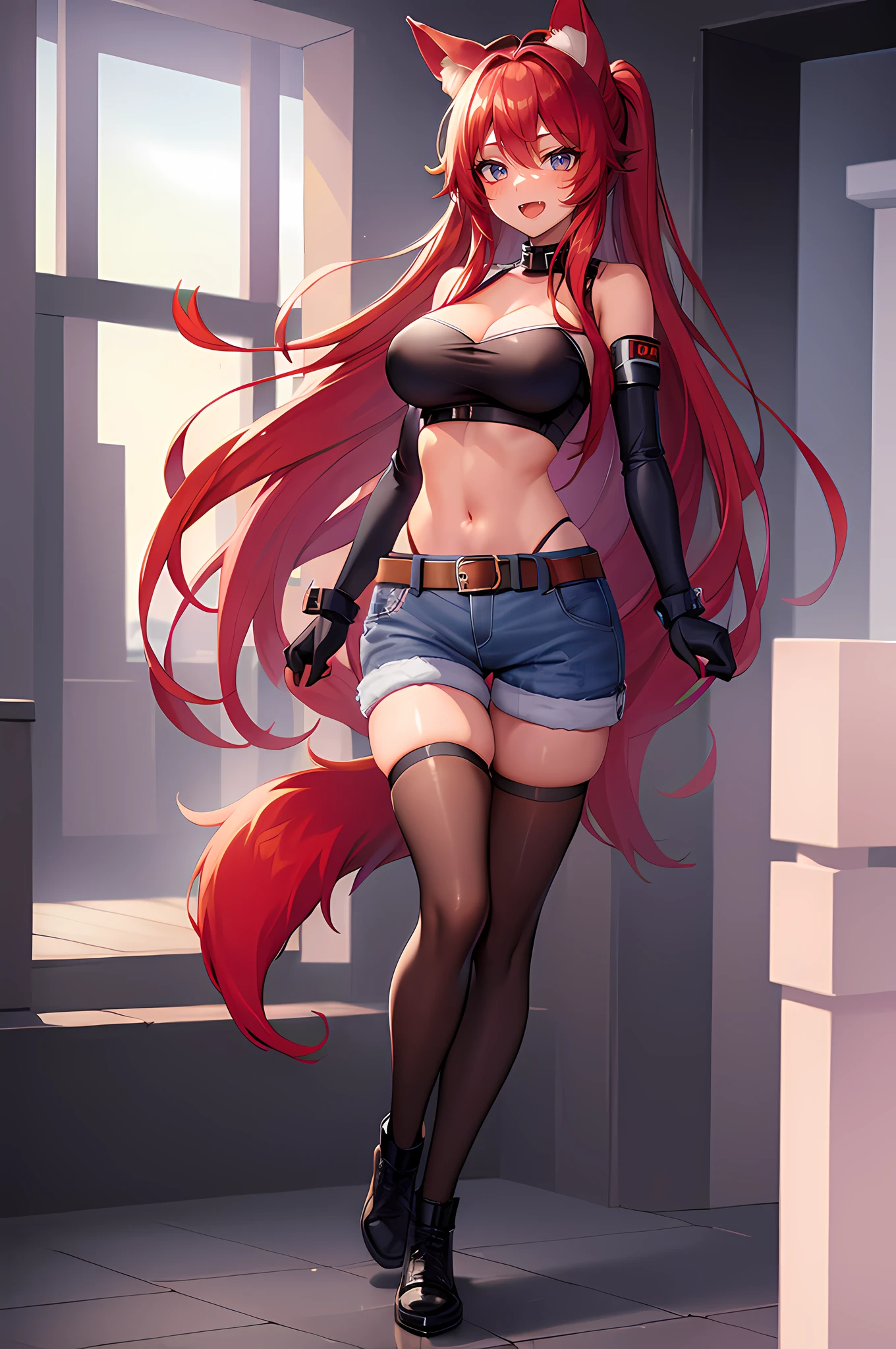 ((masterpiece, high quality, best quality:1.4)), (liru:1.1), solo, animal ears, wolf ears, (red hair:1.2), wolf girl, dark skin, dark-skinned female, long hair, blue eyes, extra ears, tail, wolf tail, ponytail, gloves, beltbra, shorts, large breasts, white denim shorts, denim, denim shorts, facial mark, fingerless gloves, thighhighs, fang, female, bust shot, erect nipple