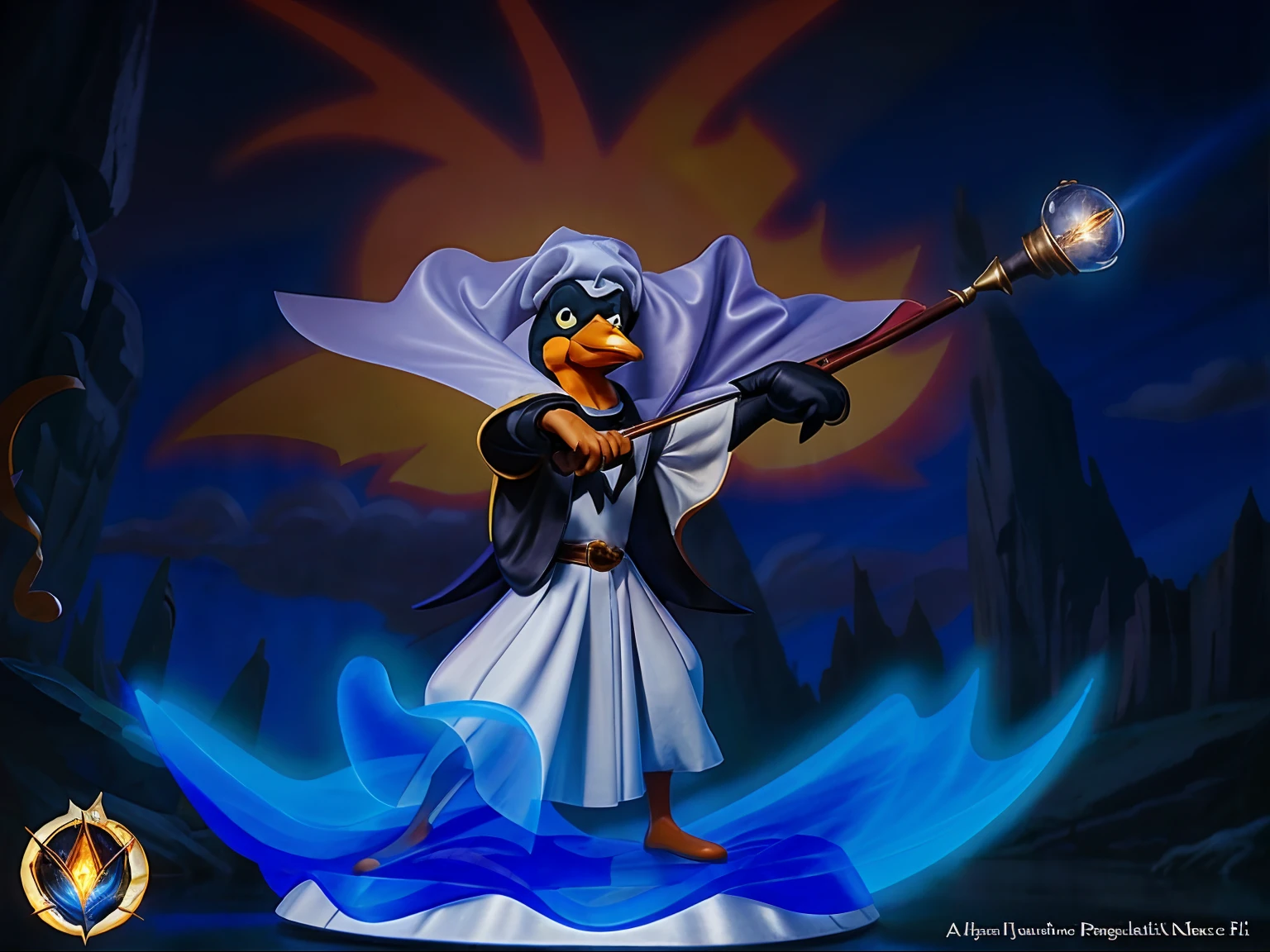 a realistic depiction of Daffy Duck as a mage, fantastic aura