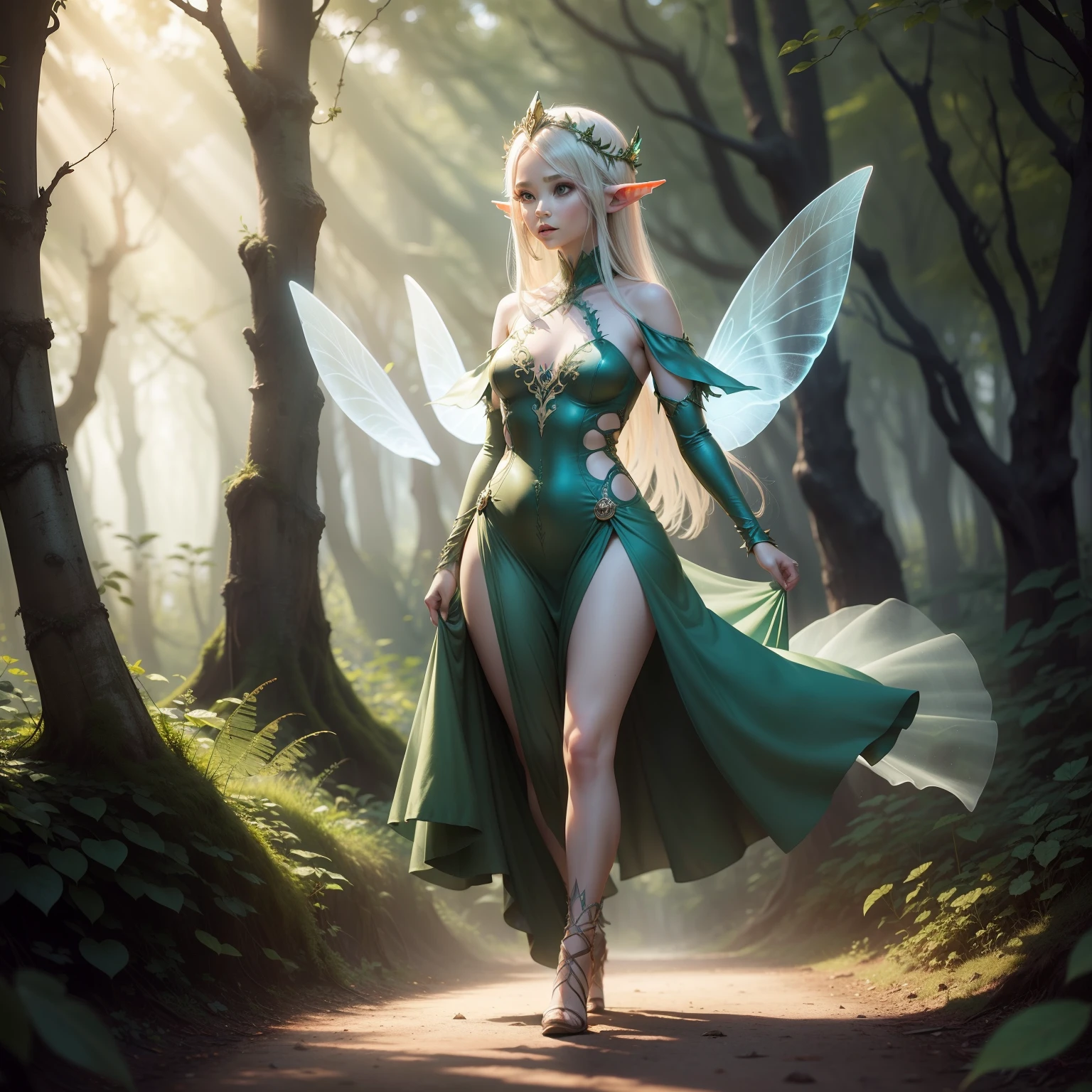 Otherworldly Elf Princess，Transparent wings at the back，Wear a dress，Bumpy figure, delicate face，Walk through the sunlit woods