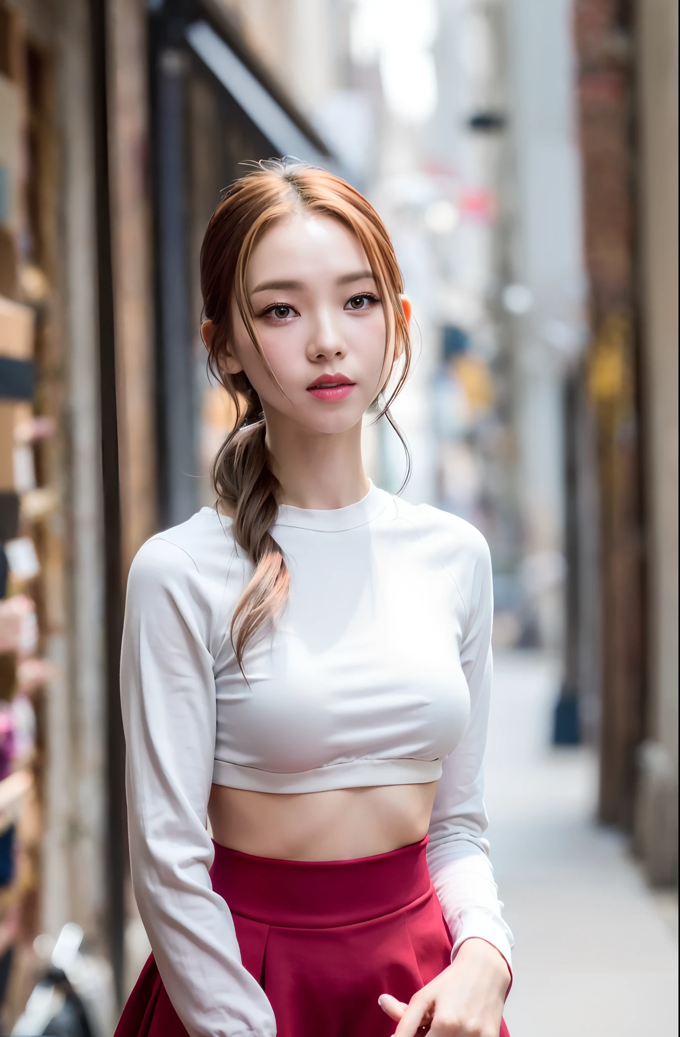 (8K、Raw photography、top-quality、​masterpiece:1.2)、high-definition RAW color photography、professional photograpy、(realisitic、photoRealstic:1.37)、ciinematic light、1girl in、stretch、White Adidas Jacket、black pleats skirt、Tight Pink Tank Top、outside of house、college、Shine Light、Bright blonde hair、poneyTail