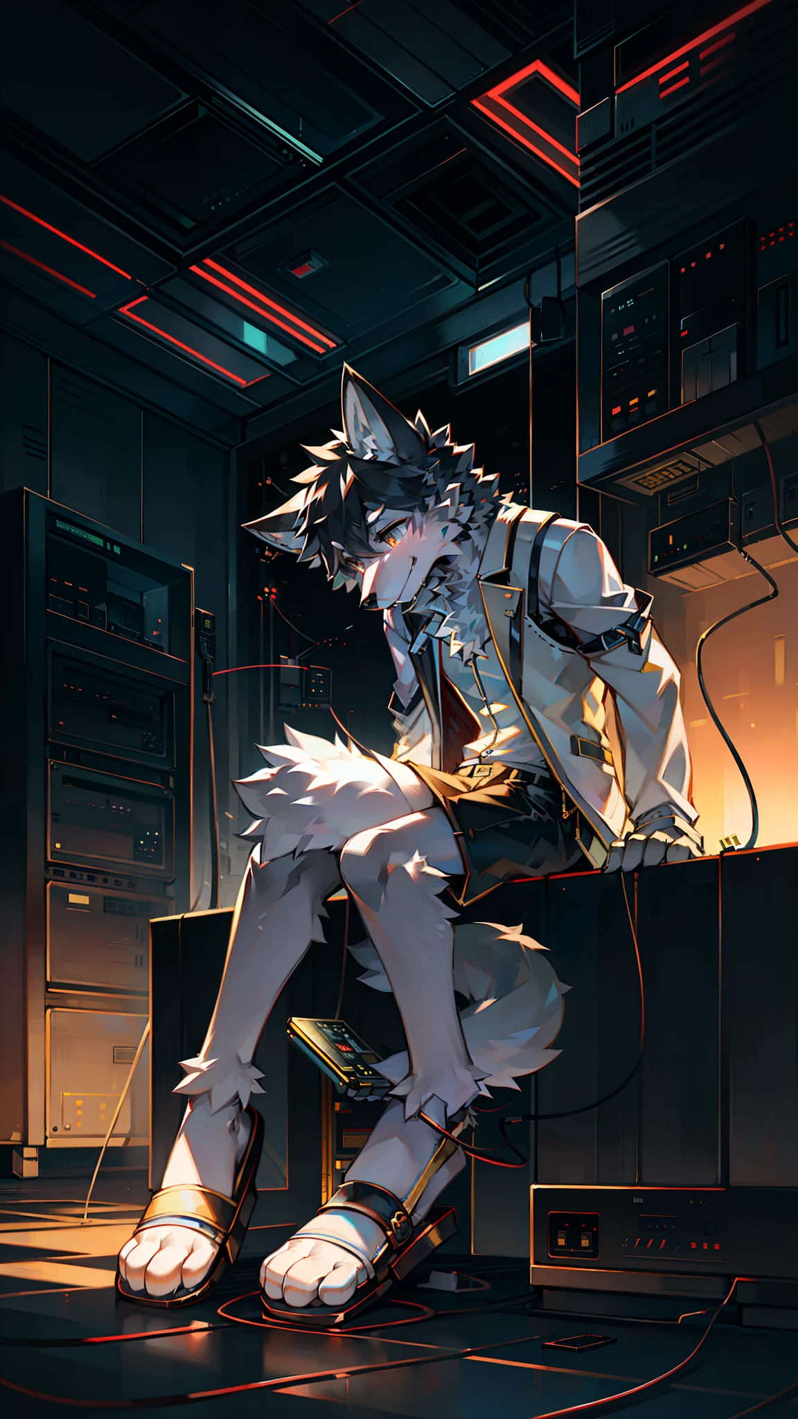 Golden hi-fi mechanical wolf，Wear white vest，Black  shorts，slippers。electrical wires，Electric currents，sat on the ground