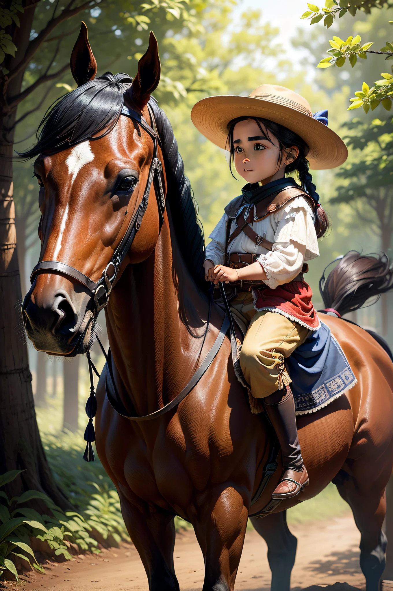 Girl of Asian appearance, with long dark hair, He sits on horseback in a national costume.