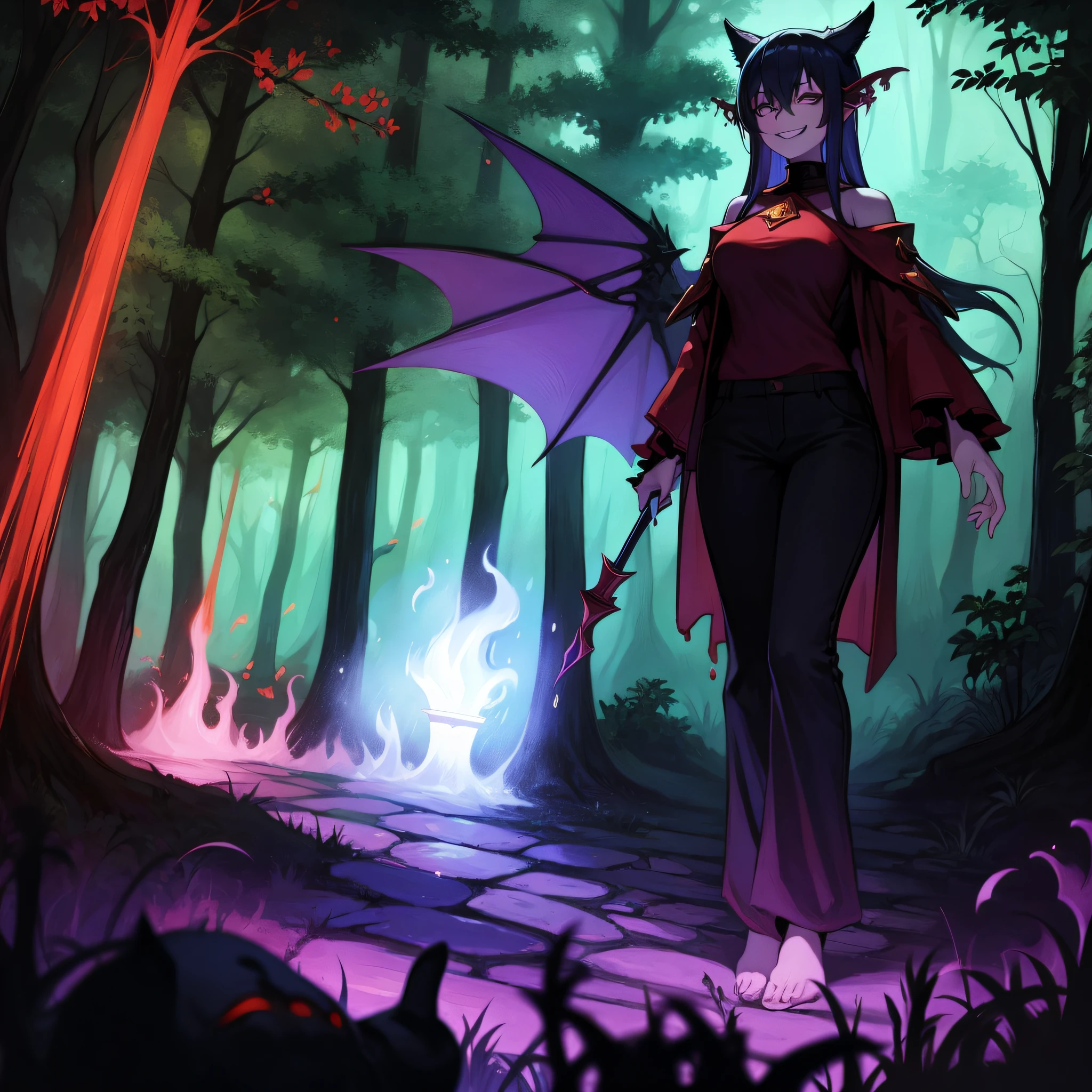 "Slime Girl with purple viscous skin, black cat ears, and a gleeful smirk, wearing a red mage top and pants, holding a torch, stands alone in a haunted forest."