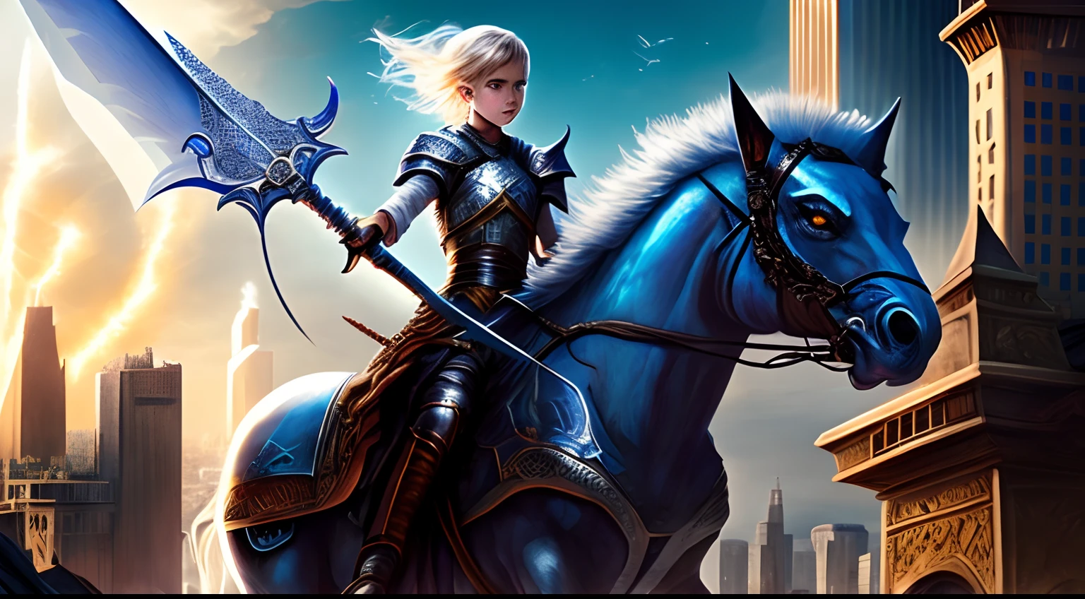 (Best Quality, Masterpiece: 1.1), (Realistic: 1.4), Beautiful girl is riding on the monster, god ray ,, silver short hair, blue eyes, over the city, fractal art,Girl holds a sword in her right hand、monster is runnig,The city on fire