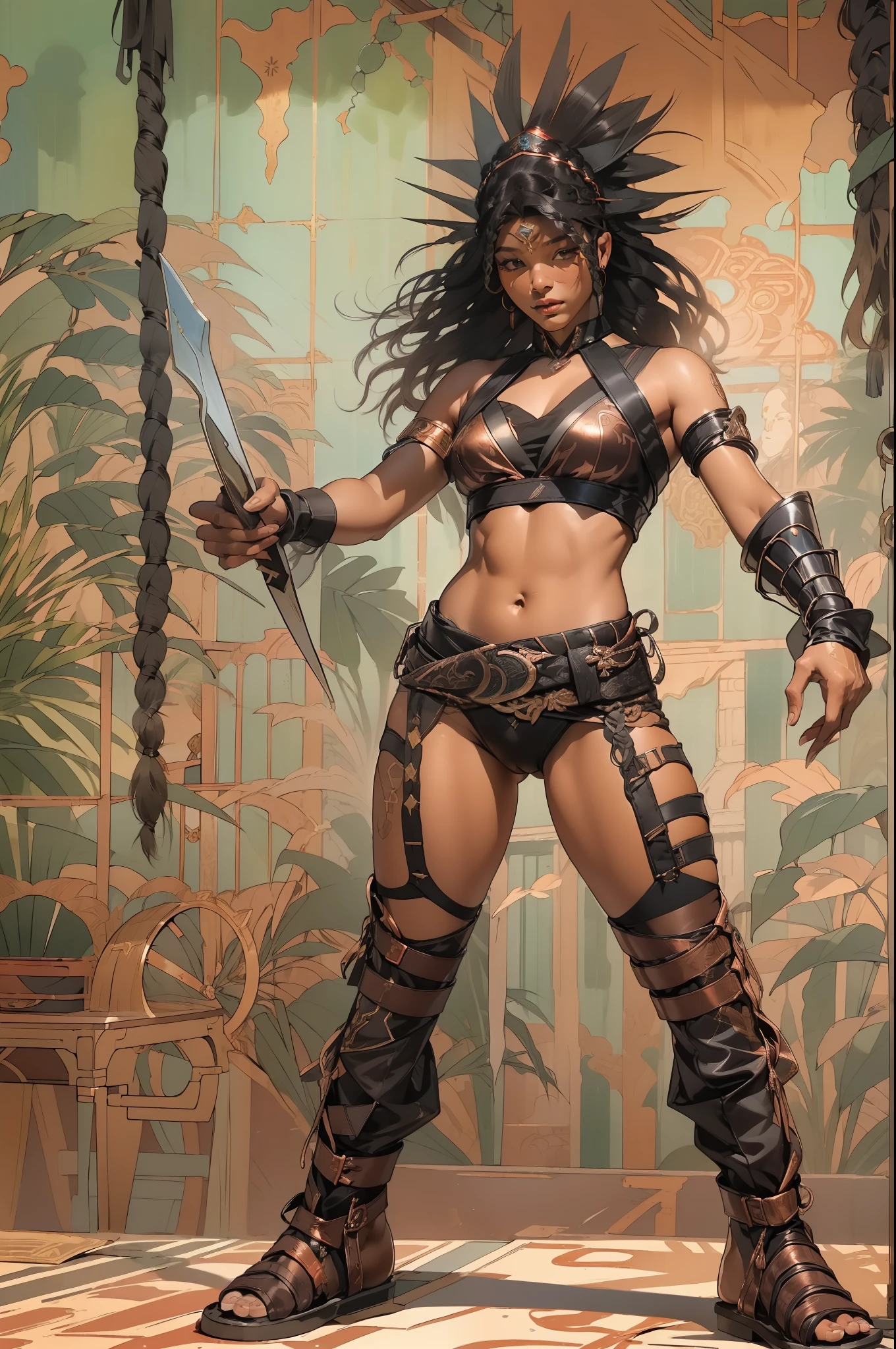 (((mulher))), (((melhor qualidade))), (((obra prima))), (((adulto))), Uma mulher gladiadora loira, of 30 years with an athletic body, Chinesa, capuz, (((sozinho))), (((1girl))) , Gladiadores do Brooklyn, quase nua no estilo selvagem urbano de Simon Bisley para a capa da revista Heavy Metal, cabelos moicanos, pose sensual, tiny leather panties, , Minimum clothing, wavy pattern with black Chinese characters and copper, armadura, cheio de pontas e estrelas, (((do joelho pra cima))), mohawk hair with small braids