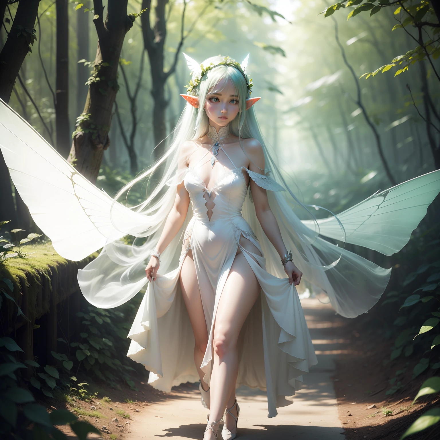 Otherworldly elf princess,Transparent wings on the back,Wearing a dress in white gauze dress,Bumpy figure, Delicate face,Walk through the sunny woods