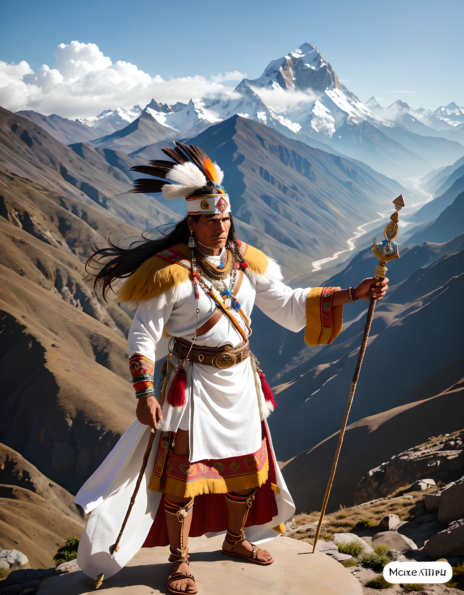 50-year-old indigenous Inca man in white and gold clothing holding a spear and standing on a rock, ao fundo montanhas de gelo Himalaia Tibete, Indian warrior in shaman clothes, quechua, super detalhado, 8k, hiper realismo,