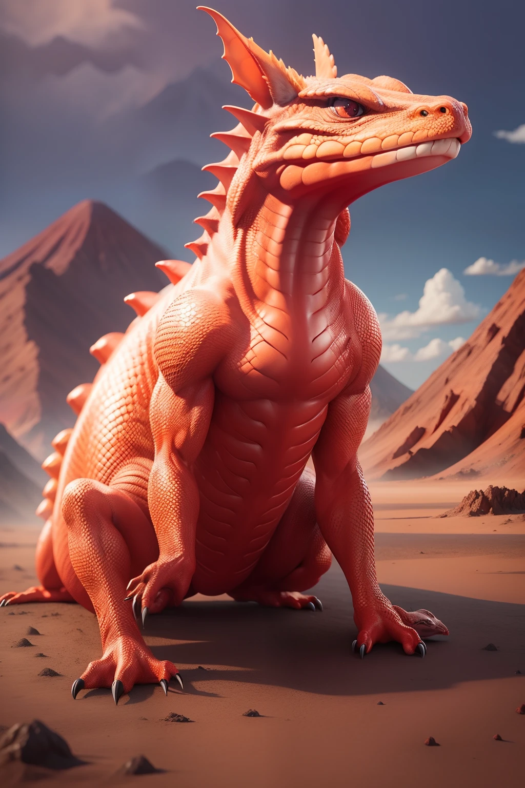 cute red lizard, crimson scales, large fangs, black stripes across the body, quadruped, volcanic terrain landscape, fantasy, magical creature
