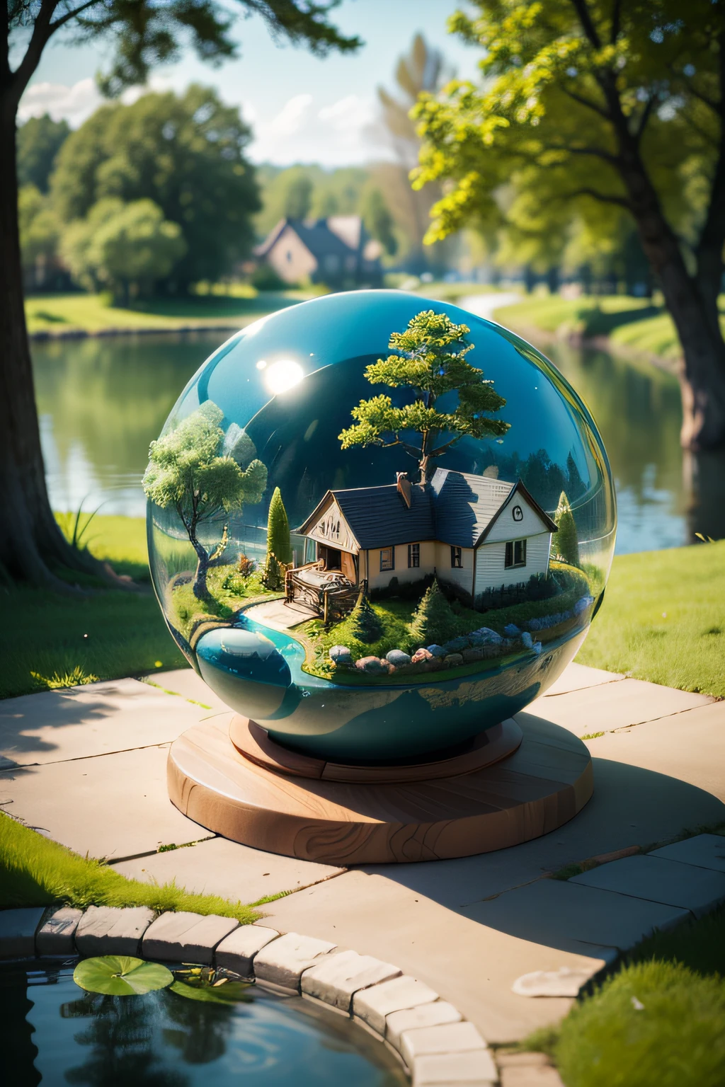 a small, summer globes with houses inside, summer, trees, and a pond