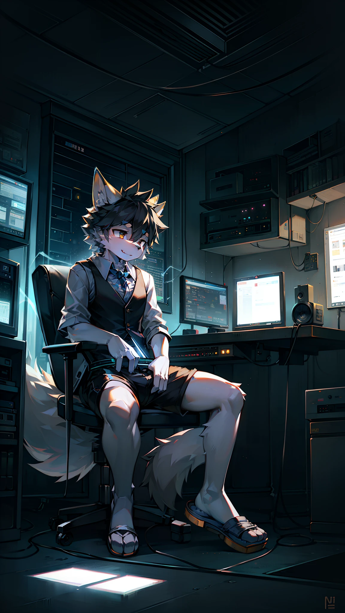 Golden hi-fi robot Leopard,Wear white vest,Black shorts,sandals。electrical wires,Electric currents,Computer,sit on a bed,(photo-realistic)