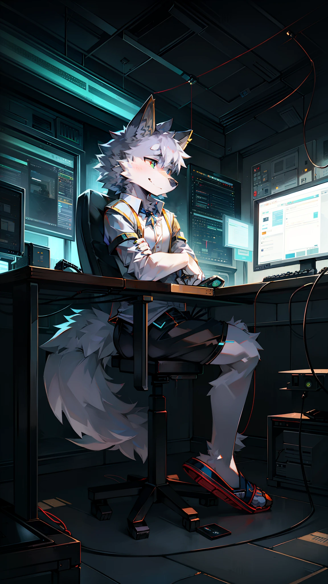 Golden hi-fi mechanical wolf,Wear white vest,Black shorts,slippers。electrical wires,Electric currents,Computer,sat on the ground