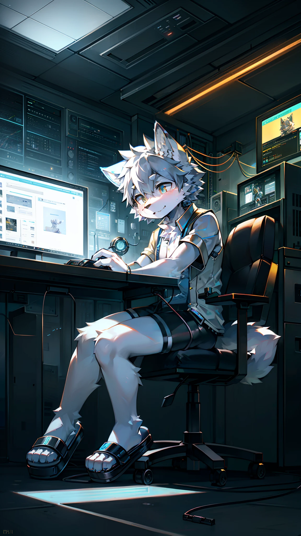 Golden hi-fi mechanical wolf,Wear white vest,Black shorts,slippers。electrical wires,Electric currents,Computer,sat on the ground
