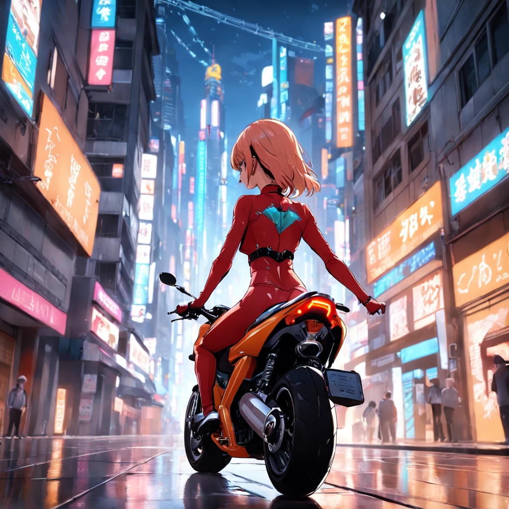 Personagem jovem, mulher, linda: 1.0, ((primeira qualidade)), (detalhes intrincados), ((((em uma moto: 3.0))))), view of the back, luzes de cidade, torres ao fundo, urbano, Buildings, neon: 3.0, 9:16, estilo realista, fotorrealista, Kinematic, 8k, de primeira qualidade, very high definition, corpo inteiro, (((mulher linda))), textura de pele, clean and symmetrical, corpo sensual