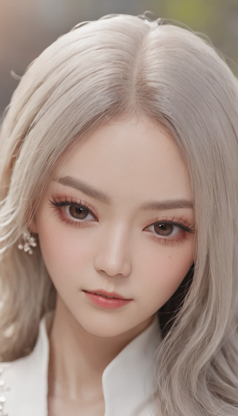 Magnet is photographically realistic in miniatures, high resolution, 1womanl, Solo, Hips up, view the viewer, (Detailed face), White hair, Long hair, Street attire, jewelry, Abdomen tattoo 8K、highest quality、超高分辨率、tmasterpiece、Realiy、hyper realisitc、hight contrast、フォトンマッピング、Live view、Ultra-delicate、low angles:1.5、1 girl in、独奏、、:1.5、full bodyesbian、Evening concert venue stage:1.5、Kepop star、Kepop idol、Dress like a pop、Raised sexy、Sit in a chair and look forward、Fancy makeup、blazer jacket:1.3、short skirt:1.3、Blazers and skirts must wear high heels、tiese、Harnes:1.3、Plain feet、high-heels、MCharacter opens his legs:1.3、100度開脚、with an open crotch:1.2、Long brown hair、Observe through wet white panties:1.5、Panties can be seen under the skirt:1.3、Long body、Height is 170 cm、Long feet:1.2、Large breasts、beautyface:1.3、detailed female pubic shape clearly visible:1.5、has cleavage:1.5、pantyless:1.3、The skin has a texture