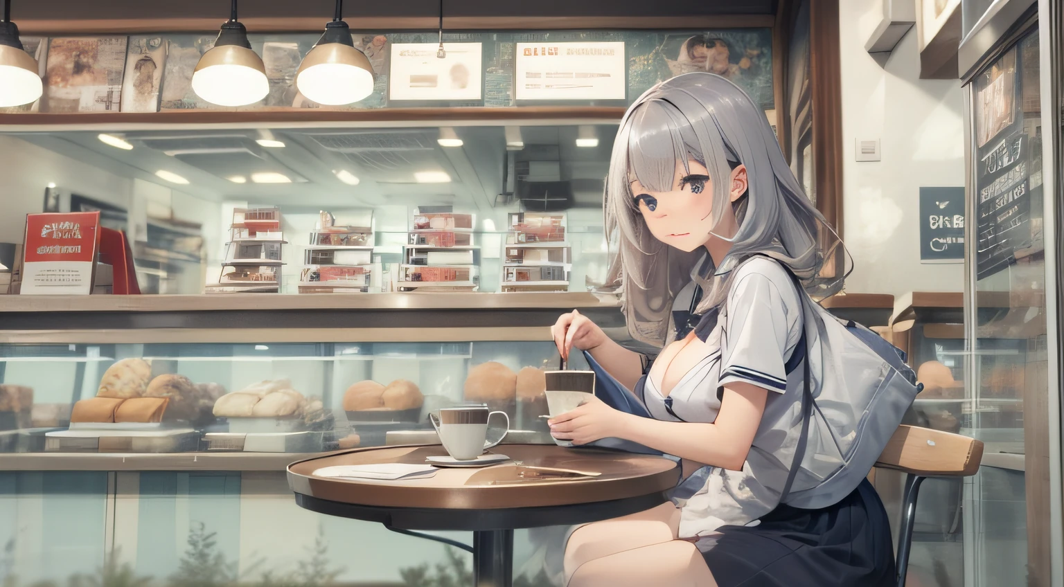 Ordinary silver high school girl who came to go shopping Large breasts Sitting in a café